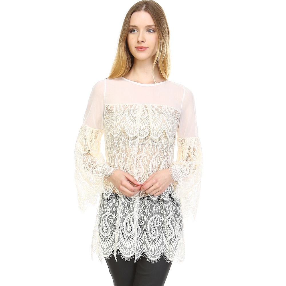 Ivory sheer lace swing flare long sleeve tunic top